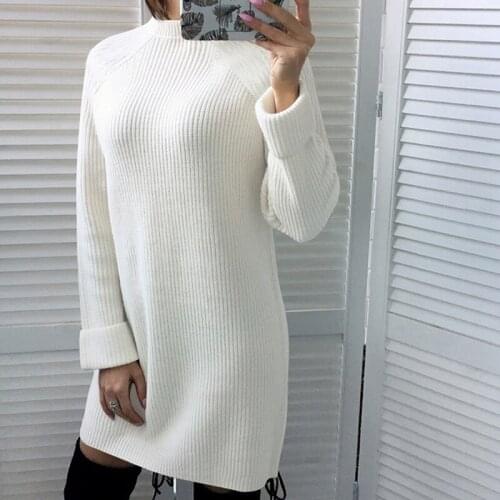 Autumn Winter Solid Knitted Dresses Women Fashion Loose Turtleneck Pullover Female Knitted Dress Vestidos Feminino