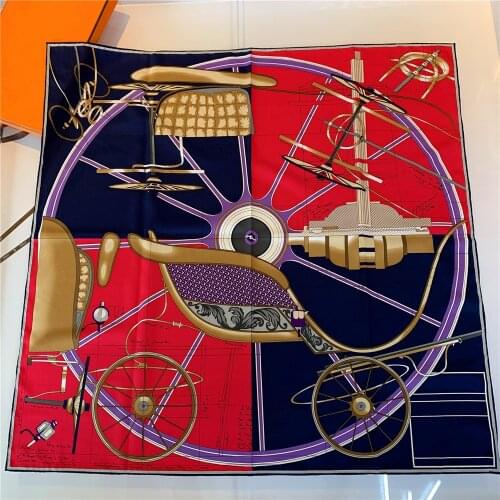 90cm Wheel Print Brand Design Scarf Women Bandana Handmade Curled Twill Silk Square Hijab Scarf Foulard Head Scarves For Ladies