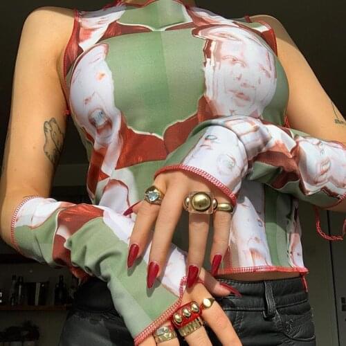 90s Harajuku Gothic Print Tank Tops With Gloves Mesh Transparent Sweats Tees Y2K Aesthetic Summer Sexy Crop Top Women Vest