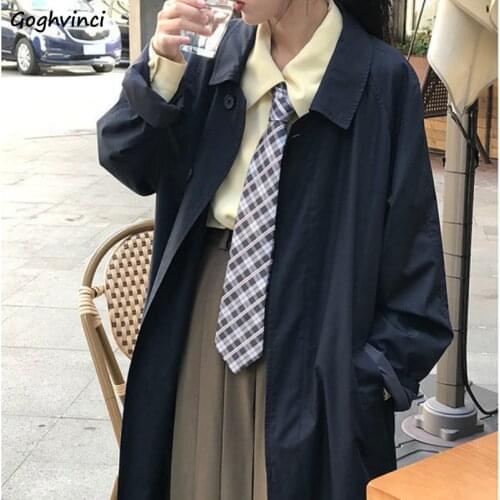 Trench Women Turn-down Collar Casual Long Coats Womens Korean Style All-match Windbreaker Retro Vintage Streetwear Students Chic