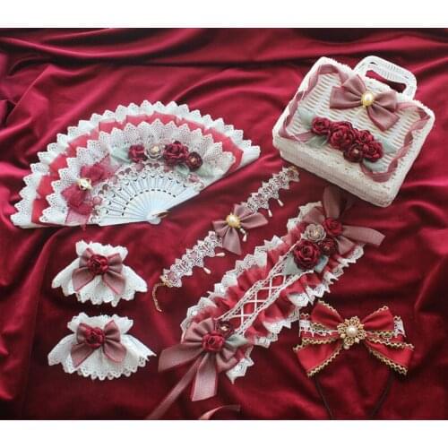 Wine Red Handmade Bow Hairband Hair Ribbon Fan Necklace Neckband Sleeves Rattan Box Lolita Tea Party Original Design