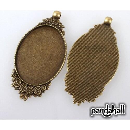 Vintage Tibetan Style Alloy Carved Rose Large Pendant Bezel Settings, Nickel Free, Antique Oval Cabochon Base Bronze
