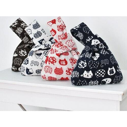 Japanese Knot Wrist Shopping Bag Women Literary Cotton Cloth Tote Mobile Phone Key Small Storage Bags Grid Wave Flower Printing