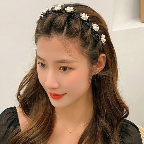 Rhinestone Pearl Headbands Double Bangs Hairstyle Hairpin Headband Korean Braided Double Layer Twist Plait Headbands With Clips