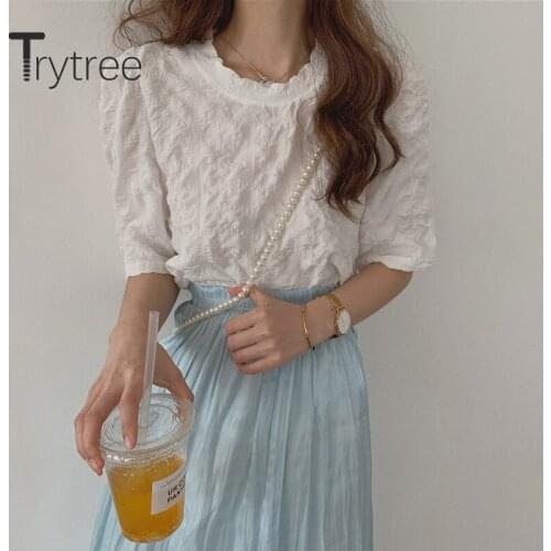 Trytree 2020 Summer T-shirt Women Casual O-neck Fashion Elegant Solid 4 Color Loose College style All-Purpose Style T-shirt Tops