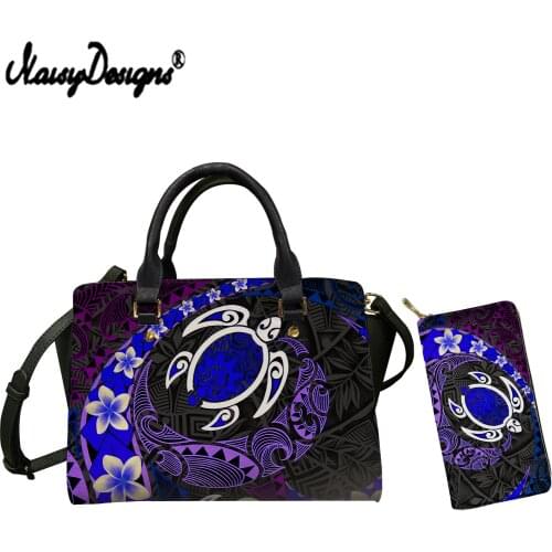 NOISYDESIGNS Hot Sale Women Handbags Polynesia Style Plumeria Floral Turtle Print PU Leather Shoulder Bags 2pcs/set Travel Totes