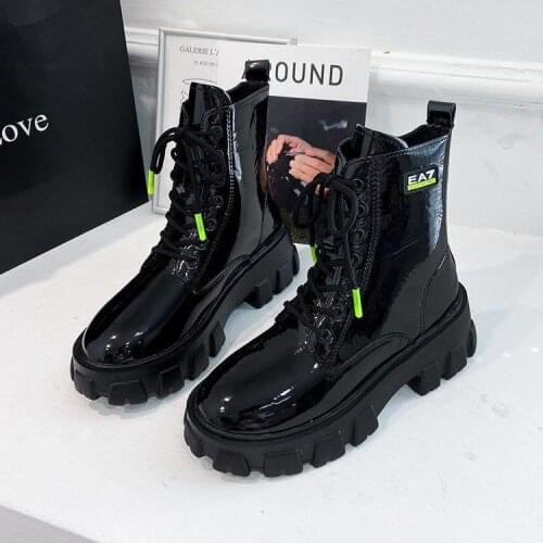 British 2021 New All-match Boots Autumn Cross-tied Leather High Heels Women Shoes Round Toe Thick Mid-heel Platform Boots Women