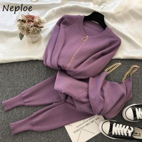 Neploe Three Pieces Set Women 2021 Autumn Sweet Temperament Chain Tank Top Women Long Sleeve Knitted Jacket + Elastic Pants