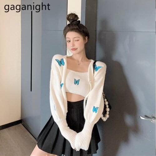 Gaganight Embroidery Butterfly Women Two Pieces Set Knit Cropped Long Sleeve Tops Sexy Solid Tank Streetwear Suit 2 Pieces Set