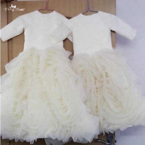 FG41 Champagne Flower Girl Dresses Organza Ruffles Skirt Long Sleeve Communion Dresses