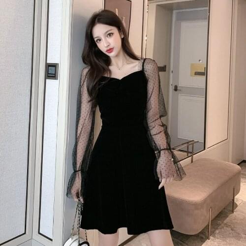 Women Sexy Spring Winter Vintage Black Hepburn Dress Elegant Polka Dots Mesh Patchwork Long Sleeve Party Velvet Dresses 610A
