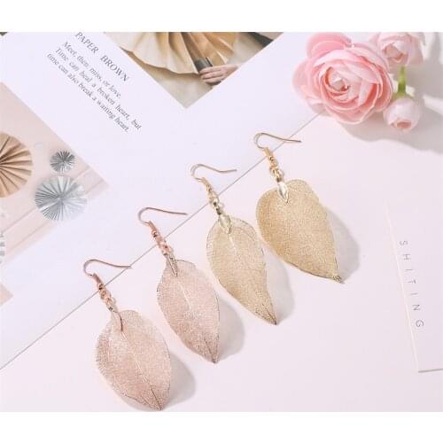 1 Pair Fashion Bohemian Long Hollow Metal Earrings Unique Natural Real Leaf Big Earrings For Women Jewelry Gift Dangle Earrings