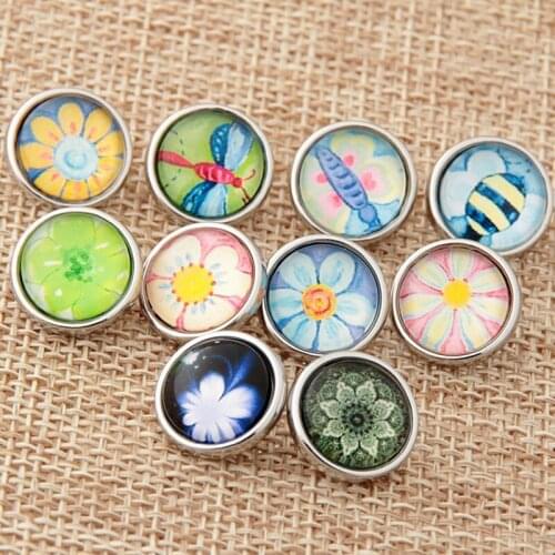10pcs/lot Fit Flower 12mm Snap Button Jewelry For DIY Interchangeable Bracelet&Bangle&necklace Glass Snap Buttons Silver Bottom