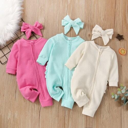 0-18M 2pcs Baby Girls Boys Cute Romper Headband Autumn Outfits Solid Long Sleeve Zipper Back Ruffles Jumpsuits