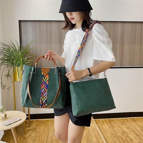 2pcs/set Women Bucket Composite Bags Big Capacity Nubuck PU Leather Tote Handbag Casual Wide Strap Female Shoulder Crossbody Bag