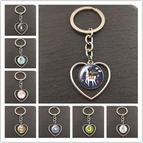 2020 newAlpaca NO PROB LLAMA Heart-shaped glass cabochon keychain Bag Car key chain Ring Holder Charms for Men Women Gifts