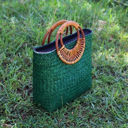 2021 Thailand Seaweed Straw Woven Portable Handbag Retro Hand-woven Vacation Travel Lady Tote Wooden Circle Belt Handle Lining