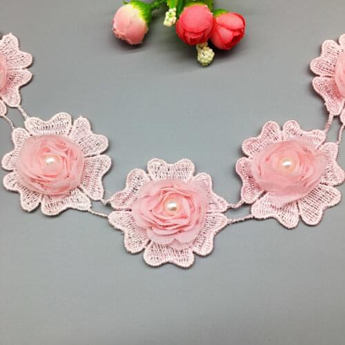 20X Latest Pink Pearl Beaded Flower Lace Trim Ribbon French Fabric Handmade Embroidered Wedding Dress Hat patches Sewing Craft
