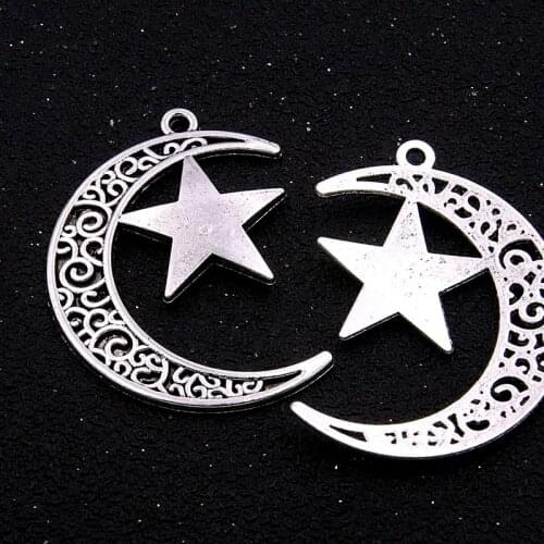 6PCS 30*40mm Metal Alloy Hollow Moon Charms Five-pointed Star Pendants for Jewelry Necklace Making Bracelet Handmade Craft