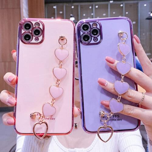 Wrist Bracelet Phone Case for iphone 12 Pro Max MiNi 11 pro max X XS XR SE 2020 Case Luxury Love Heart Chain Plating Cover Capa