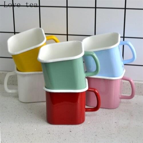 Enamel Milk Tea Cup Household Milk Mug with Lid Extra Thick Japanese Enamel Instant Noodle Cup Square Instant Noodle Bowl