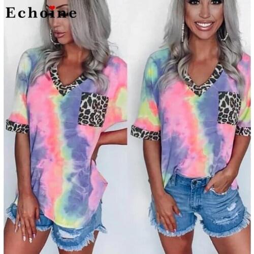 Tie-Dyed Printed Rainbow Gradient Leopard Patchwork Short-Sleeve T-shirt Women V-Neck Daily Casual Lounge Wear Girl Chic Clothes