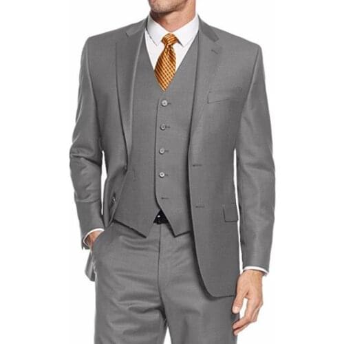 Classic Grey Men’s Suit Two Buttons Notch Lapel Terno Slim Fit Masculino Evening Blazer For Men Business 3 Pcs Jacket+Pant+Vest