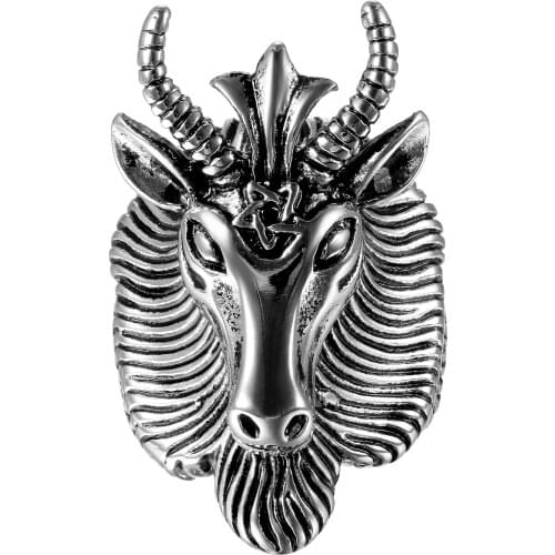 BONISKISS Satan Worship Baphomet Ram Aries Zodiac Sheep Goat Head Horn Biker Ring 316L Stainless Steel