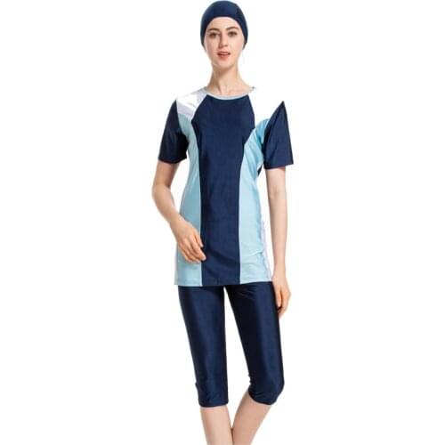 Surf Wear Woman Swimming Suit XS Short Sleeve Muslim Swimwear Seven Part Pant Sandy Beach Motion Suit Three-piece Hijab Swimwear