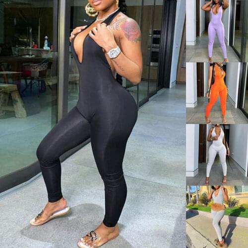 Summer Women Top Look Sexy Low Chest Depth V Jumpsuit Female Halter Sleeveless Romper Bodycon Party Backless Bodysuit Outfit