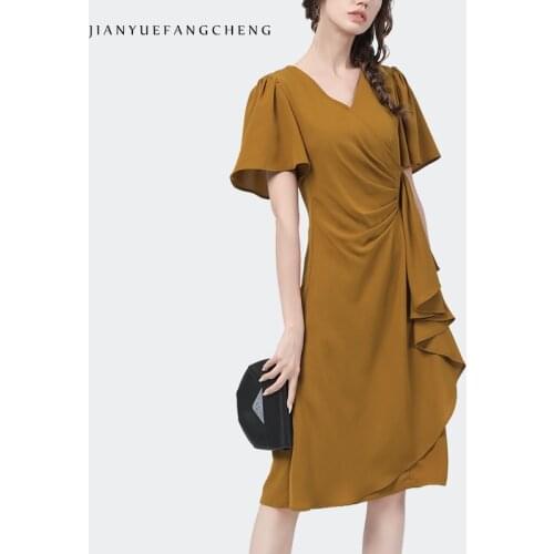 Fashionable Simple Solid Ruffle Women Dress Waist Shirring Drape Design Short Sleeve V-Neck Office Ladies Summer Long Dresses