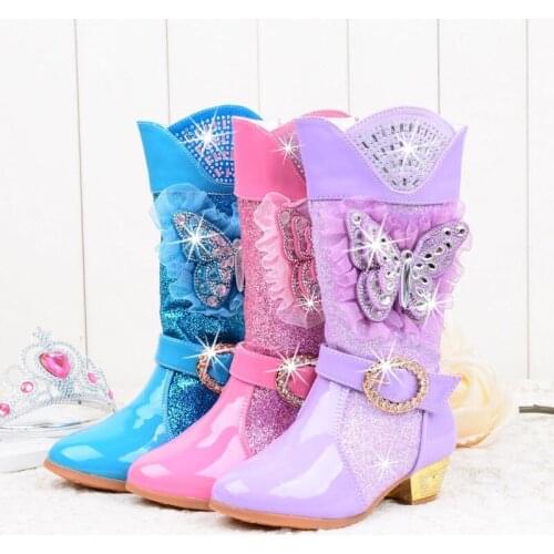 Winter Fur Girls High Heels Snow Boots Glitter Kids Princess Dress Boot Leather Mid-calf Plush Warm Fashion Butterfly Party Boot