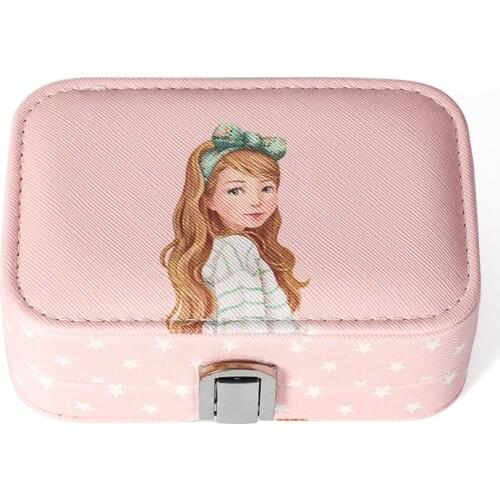 New Female Beautiful Girl Pattern PU Leather Portable Makeup Jewelry Earring Button Storage Box Mirror For Lover Birthday Gift