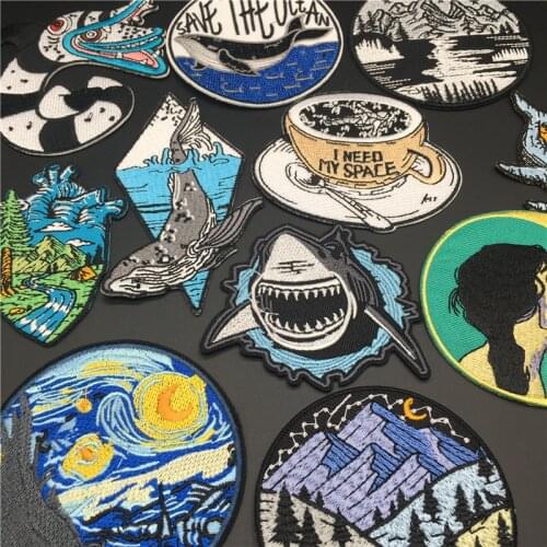 New Arrival Mountain Van Gogh Patches for Clothing Ocean Ironing Patches on Clothes Stripes Embroidered Badges Diy Sewing Farbic