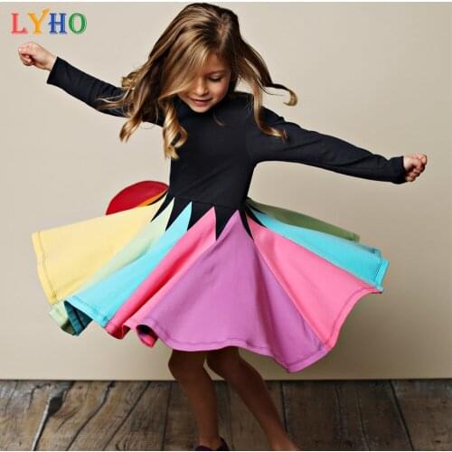 LYHO Toddler Girls Clothes Long Sleeve Kids Summer Dress Girl Princess Skirt Sundress Rainbow Gauze Ruffle Strap Dresses Outfits