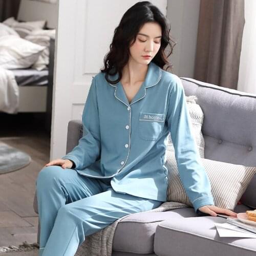 Autumn and Winter Knitted Combed Cotton Long-sleeved Pajamas Sweet Comfortable Plus Cardigan Lapel Homewear Plus Size Pajamas