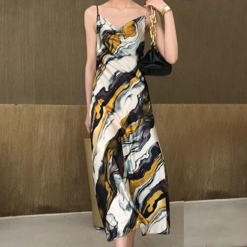 2021 spring and summer new French ink color printing mulberry silk silk slim sling long dress female summer short prom dress