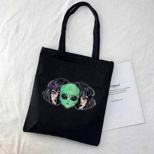 Summer new punk casual fashion Vintage alien Harajuku Ulzzang canvas ins large capacity women shopper bag cartoon shoulder bags