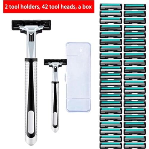 Professional Men Double Blade Head Floating Cutter Head Razor Portable 2 Tool Holders and 42 Tool Heads Set for Shaving