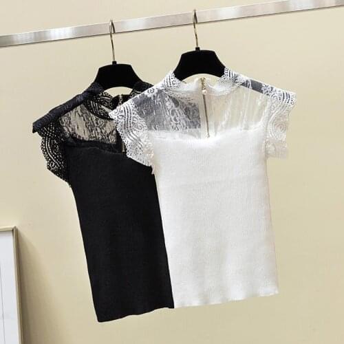 Sexy Lace Blouse Women Black and White Off Shoulder Top With collar Knitted Patchwork Ladies Tops
