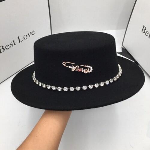 Style elegant personality wide-brim flat-topped hat black for women diamond female hat winter fedoras