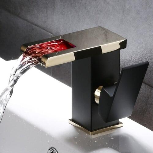 LED Light Bathroom Basin Faucets Brass Sink Mixer Taps Hot & Cold Waterfall Deck Mounted Balck & Gold/White Free Shipping