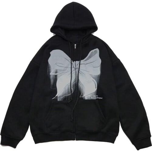 Vintage Bowknot Printed Zipper Punk Oversized Hooded Jacket Autumn Women Korean Long Sleeve Sweatshirt Y2k Goth Grunge Clothing
