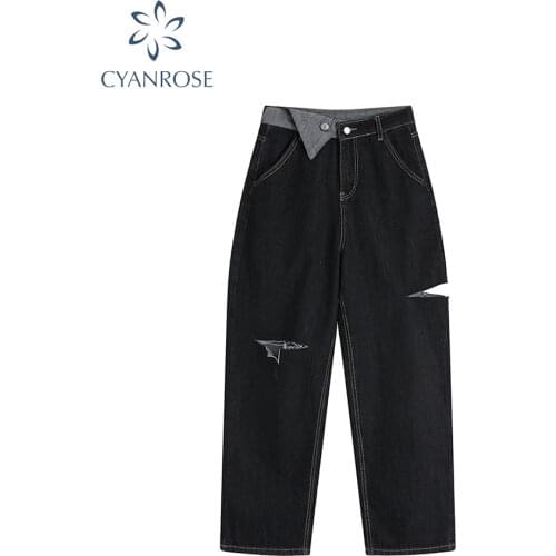 Korean 2021 Autumn Women Chic Fashion Ripped Hole Wide Leg Irregular Jeans Vintage High Waist Zipper Y2K Punk Denim Pants