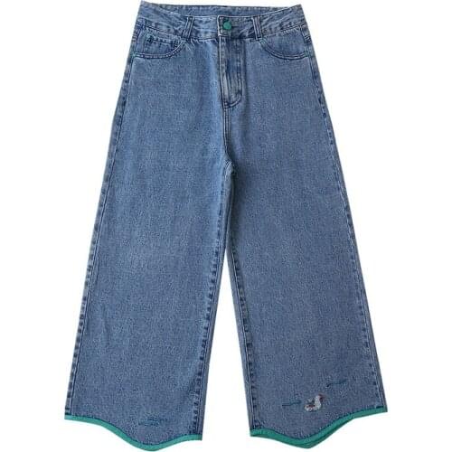 Blue Cartoon Embroidery Washed Casual Flare Jeans Women 2021 Summer Wide Leg Denim Pants Ladies Basic Trousers