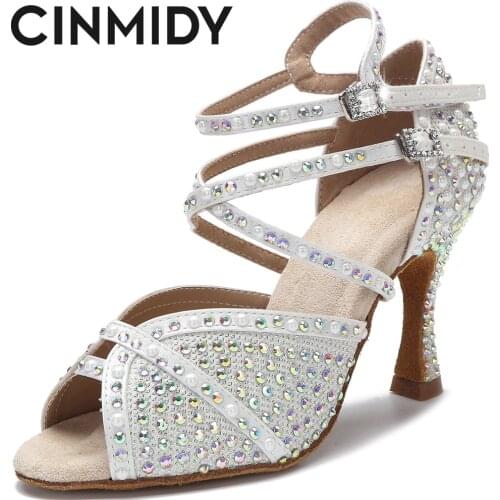 CINMIDY Woman Latin Dance Shoes Tango Salsa Rumba Ballroom Training Shoes Ladies Pearl Rhinestone High Heels Wedding Sandals