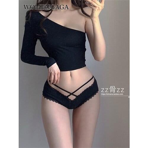 WOMENGAGA Spring Summer Top New Sexy Big Backless Irregular Hollow Out Short Open Navel Oblique Shoulder T Shirt Tops Tshirt T8Y