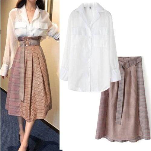 Sashes Graceful Autumn Vintage Elegant Women Two Piece Set Vogue Full Sleeve Shirt Tops And Plaid Skirt 2 Piece Set Women SL141