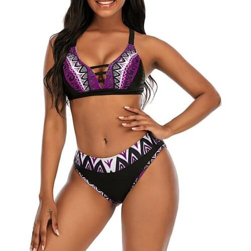 Vintage Pattern Print Hollow Out Swimsuit Women Sexy Push Up Monokini Swimwear Bathing Suit Female Beach Bandage Plus Bikini Set