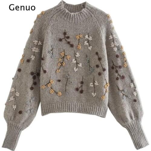Womens Vintage Korean Long Sleeve Pullover Chic Flowers Beaded Fashion Harajuku Knitted Sweater Keeps Warm Autumn and Winter